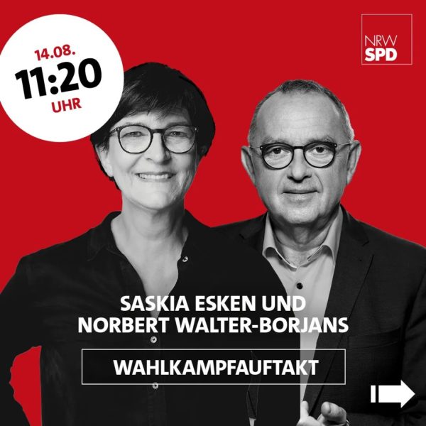Wahlkampfauftakt mit Olaf Scholz am 14. August 2021 in Bochum: Begrüßung durch Saskia Esken und Norbert Walter-Borjans um 11:20 Uhr